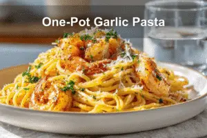 One-Pot Garlic Butter Shrimp Pasta served on a clean table, garnished with parsley and Parmesan cheese.