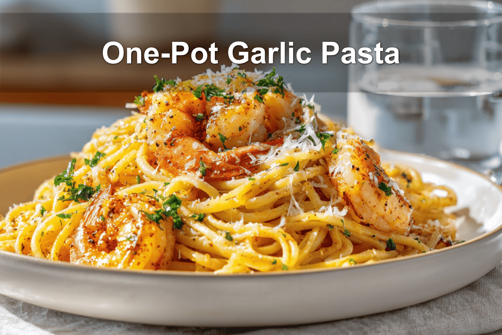 One-Pot Garlic Butter Shrimp Pasta served on a clean table, garnished with parsley and Parmesan cheese.