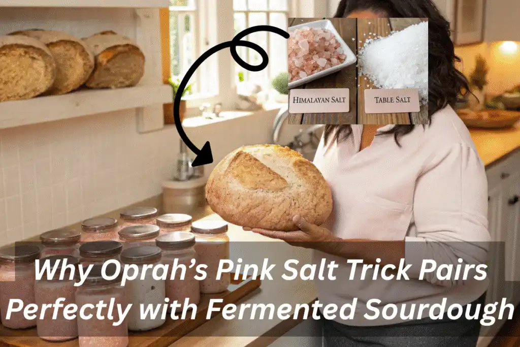 Oprah holding sourdough with pink salt jars