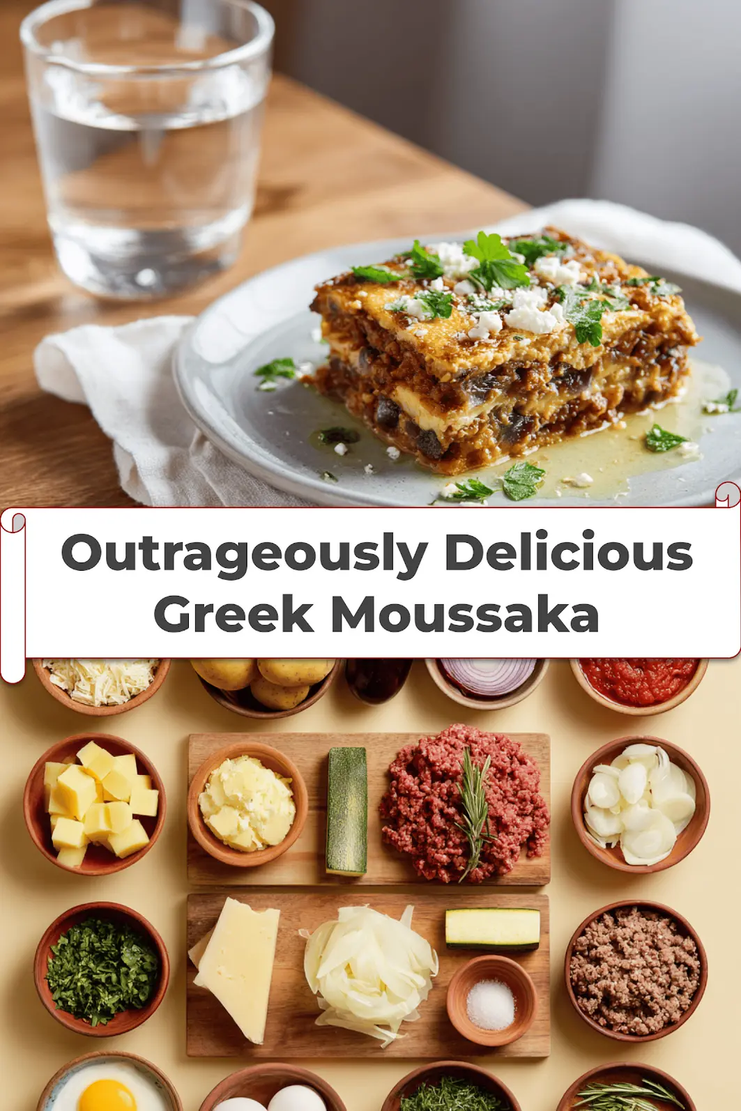 Outrageously Delicious Greek Moussaka Recipe Unveiled 5 Outrageously Delicious Greek Moussaka with golden topping fresh herbs clean white napkin_pin