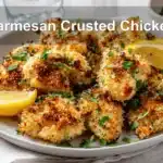 Golden Parmesan Crusted Chicken with lemon wedges and fresh herbs on a crisp white napkin.