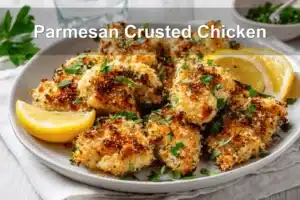 Golden Parmesan Crusted Chicken with lemon wedges and fresh herbs on a crisp white napkin.