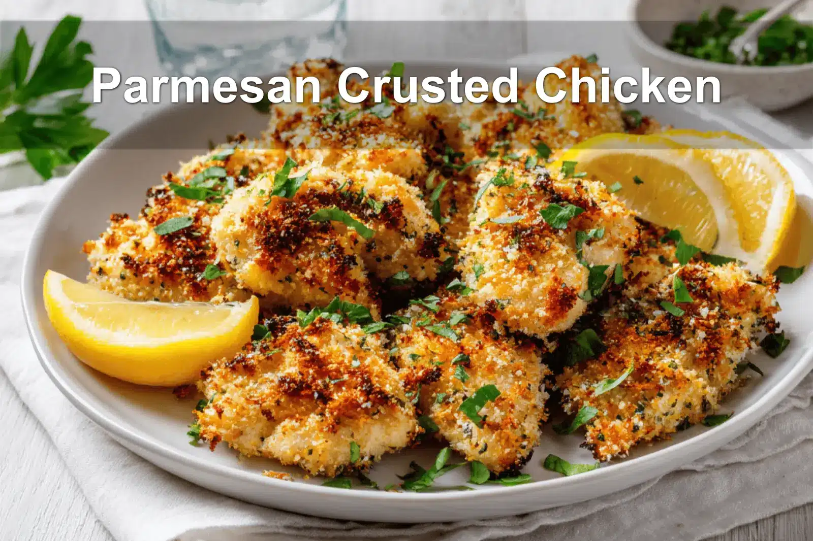 Golden Parmesan Crusted Chicken with lemon wedges and fresh herbs on a crisp white napkin.