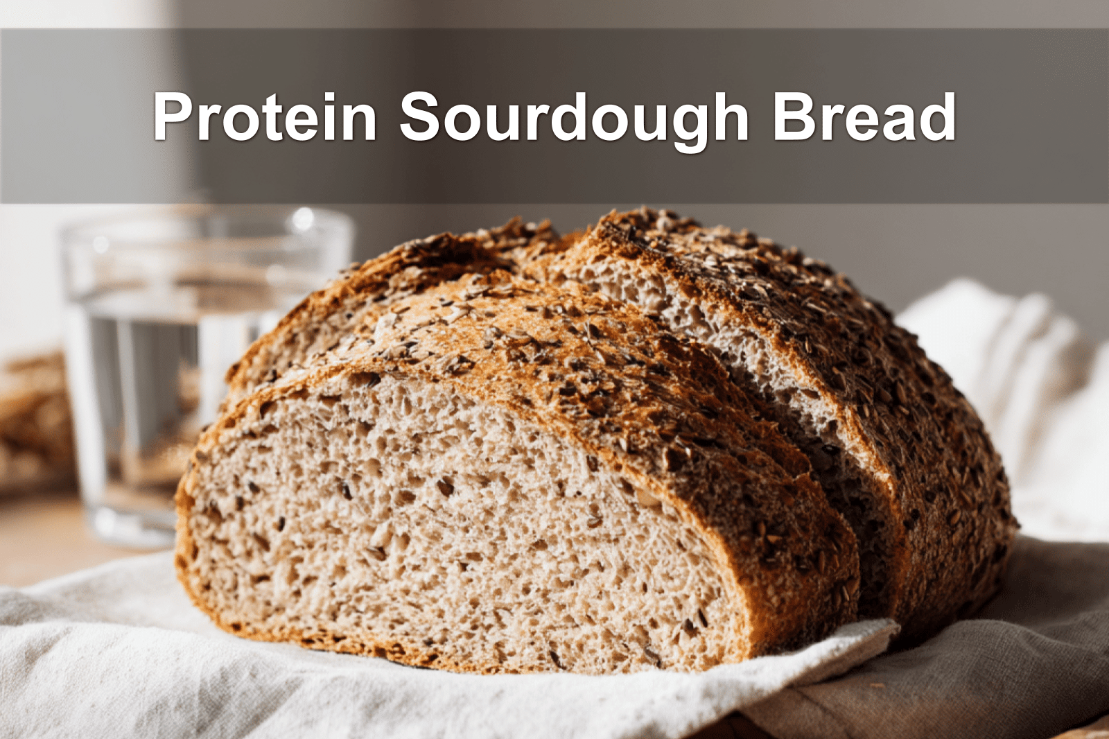 Freshly baked Protein Sourdough Bread with sliced loaves on white napkin and glass of water beside it