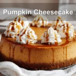 Pumpkin Cheesecake on white napkin with caramel sauce and whipped cream