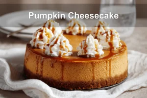 Pumpkin Cheesecake Recipe That’s Creamy and Easy to Make Pumpkin Cheesecake on white napkin with caramel sauce and whipped cream