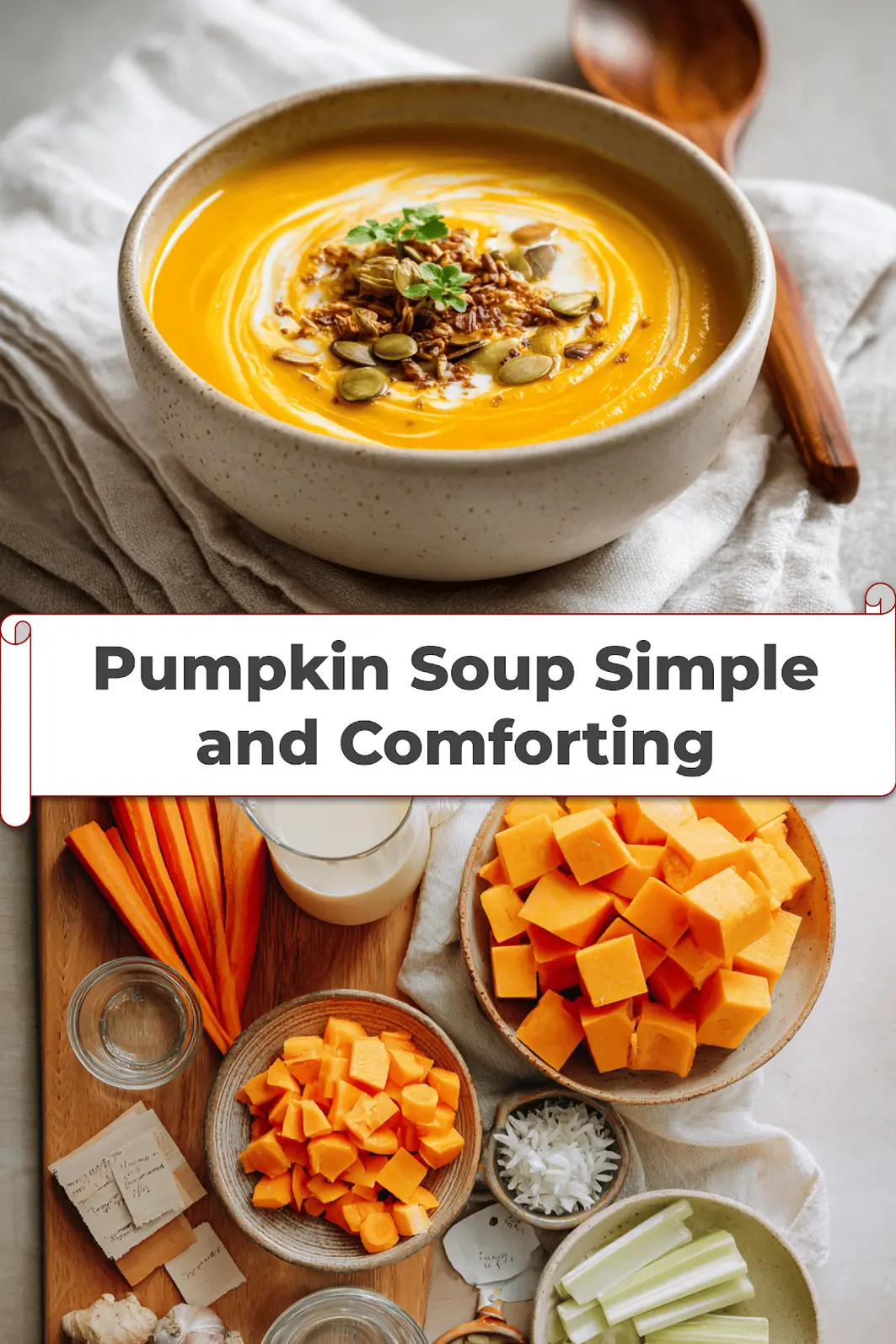 Pumpkin Soup Simple and Comforting: A Cozy Delight 5 Pumpkin Soup Simple and Comforting creamy bowl on white cloth with glass of water_pin