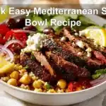 Quick Easy Mediterranean Steak Bowl Recipe with sirloin steak, roasted chickpeas, feta and tzatziki