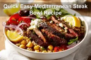 Quick Easy Mediterranean Steak Bowl Recipe with sirloin steak, roasted chickpeas, feta and tzatziki