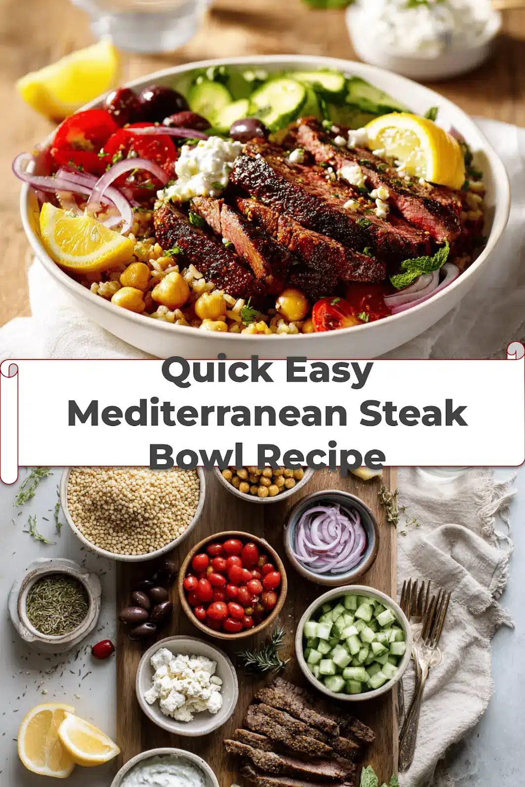Quick Easy Mediterranean Steak Bowl Flavor in Minutes 5 Quick Easy Mediterranean Steak Bowl Recipe with sirloin steak, roasted chickpeas, feta and tzatziki_pin
