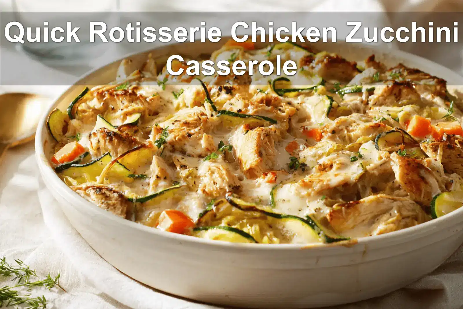 Quick Rotisserie Chicken Zucchini Casserole warm bake on white cloth beside glass of water