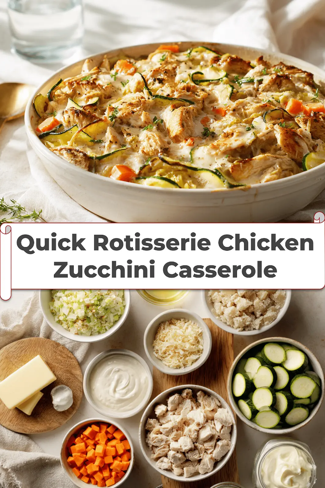 Quick Rotisserie Chicken Zucchini Casserole Delight 5 Quick Rotisserie Chicken Zucchini Casserole warm bake on white cloth beside glass of water_pin