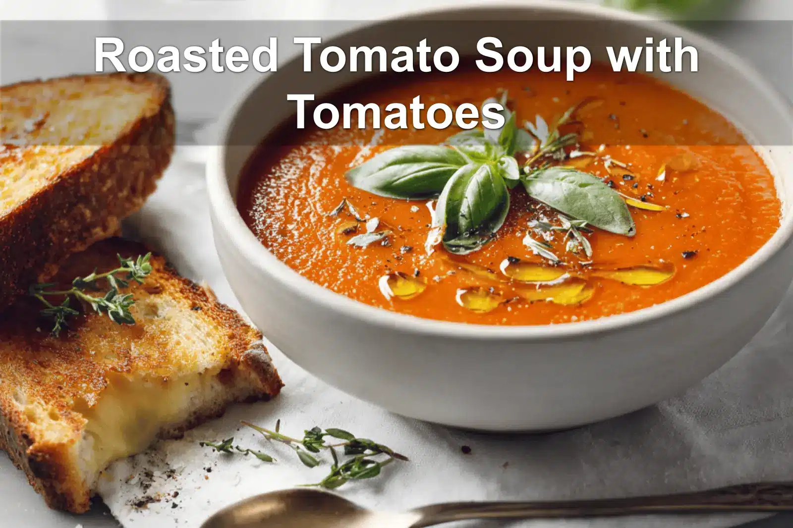 Roasted Tomato Soup with Tomatoes in bowl with grilled cheese basil under warm natural light