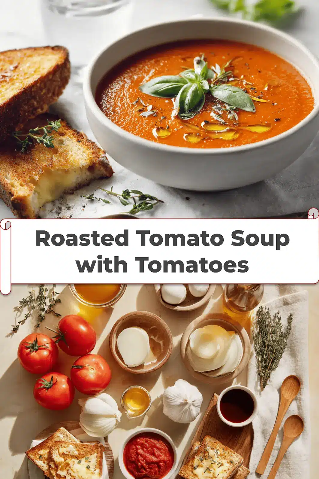 Roasted Tomato Soup with Tomatoes: Perfect Comfort Food 5 Roasted Tomato Soup with Tomatoes in bowl with grilled cheese basil under warm natural light_pin