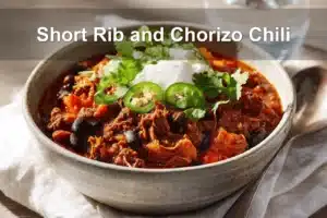 Short Rib and Chorizo Chili Recipe for Rich, Hearty Flavor Short Rib and Chorizo Chili served with toppings in a rustic bowl, styled on white napkin.