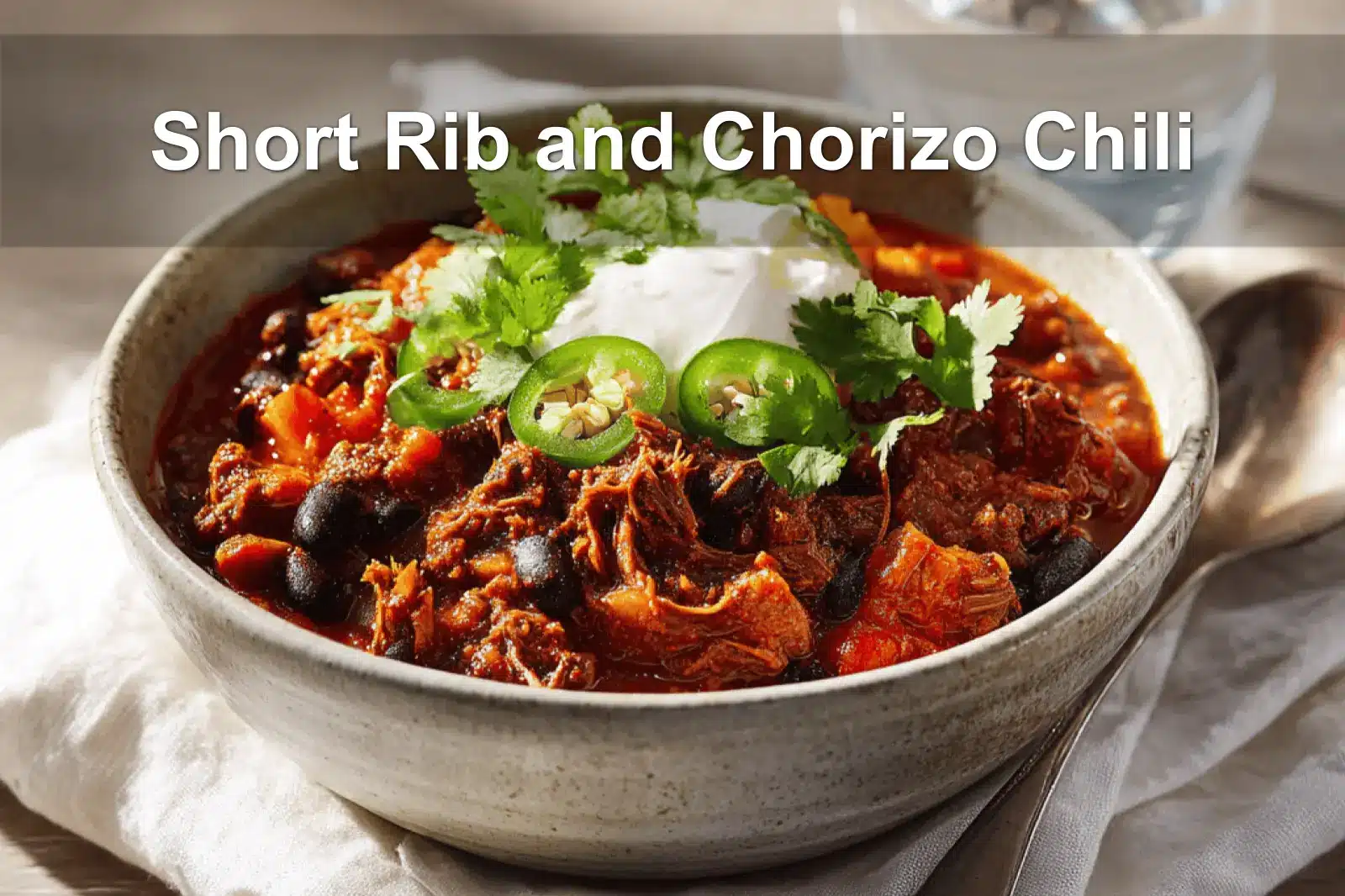 Short Rib and Chorizo Chili served with toppings in a rustic bowl, styled on white napkin.
