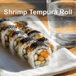 Shrimp Tempura Roll plated beautifully with accents of sesame seeds and vibrant ingredients.