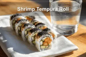Shrimp Tempura Roll: Easy Recipe for Sushi Lovers(+Video) Shrimp Tempura Roll plated beautifully with accents of sesame seeds and vibrant ingredients.