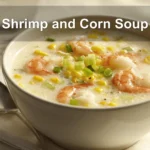 Shrimp and Corn Soup bowl on white napkin with shrimp corn creamy sauce and glass of water