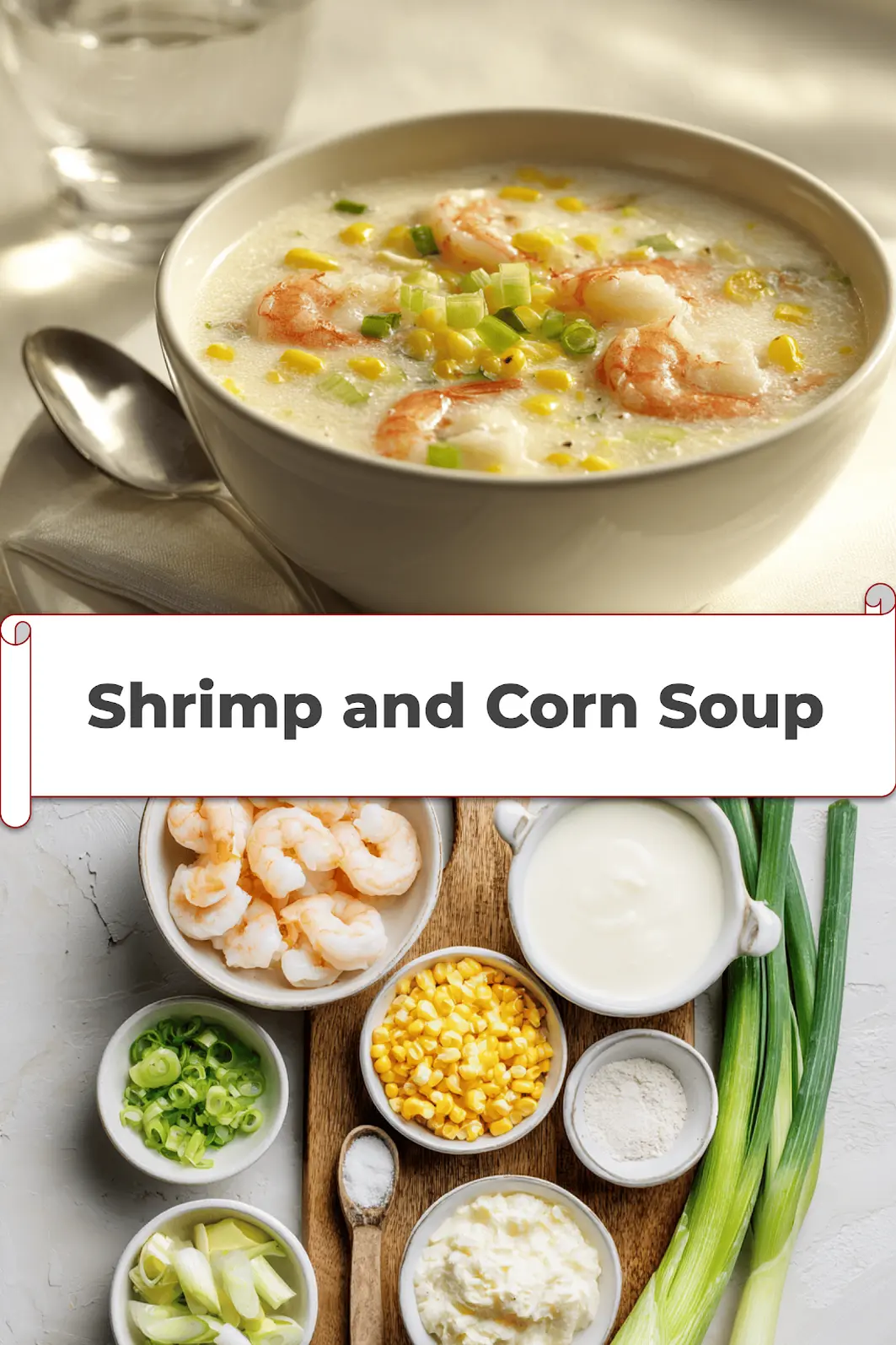 Shrimp and Corn Soup: A Delicious Comfort Food 5 Shrimp and Corn Soup bowl on white napkin with shrimp corn creamy sauce and glass of water_pin