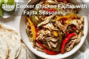 Slow Cooker Chicken Fajitas with Fajita Seasoning served with peppers onions tortillas and fresh limes