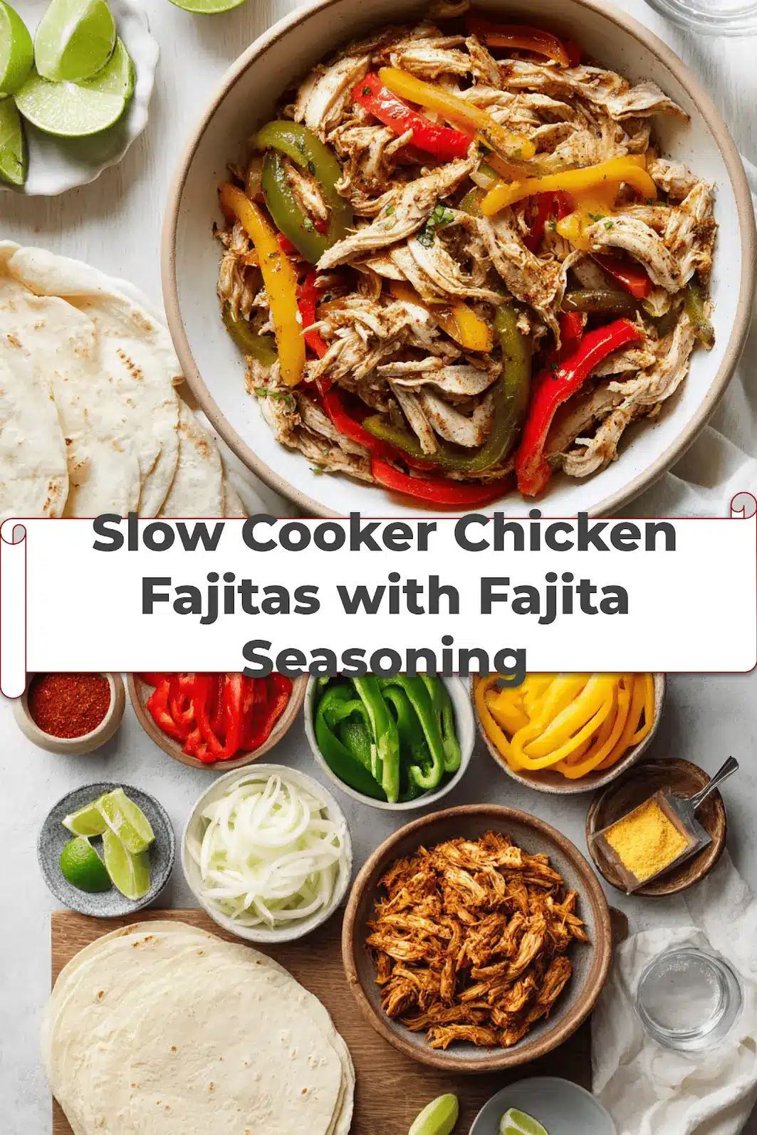 Slow Cooker Chicken Fajitas with Fajita Seasoning: Quick and Delicious 5 Slow Cooker Chicken Fajitas with Fajita Seasoning served with peppers onions tortillas and fresh limes_pin