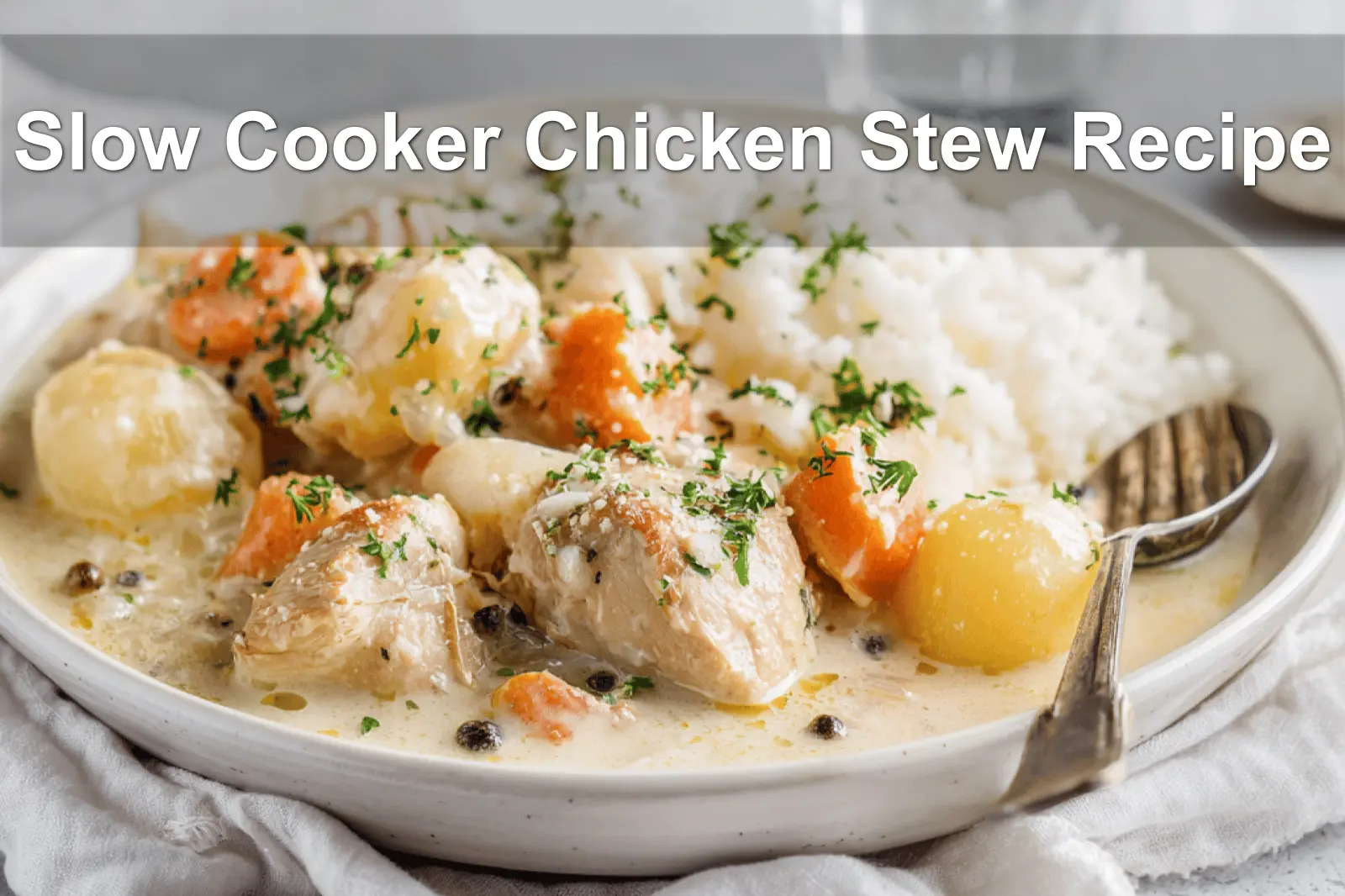 Slow Cooker Chicken Stew Recipe warm bowl on white cloth napkin with glass of water