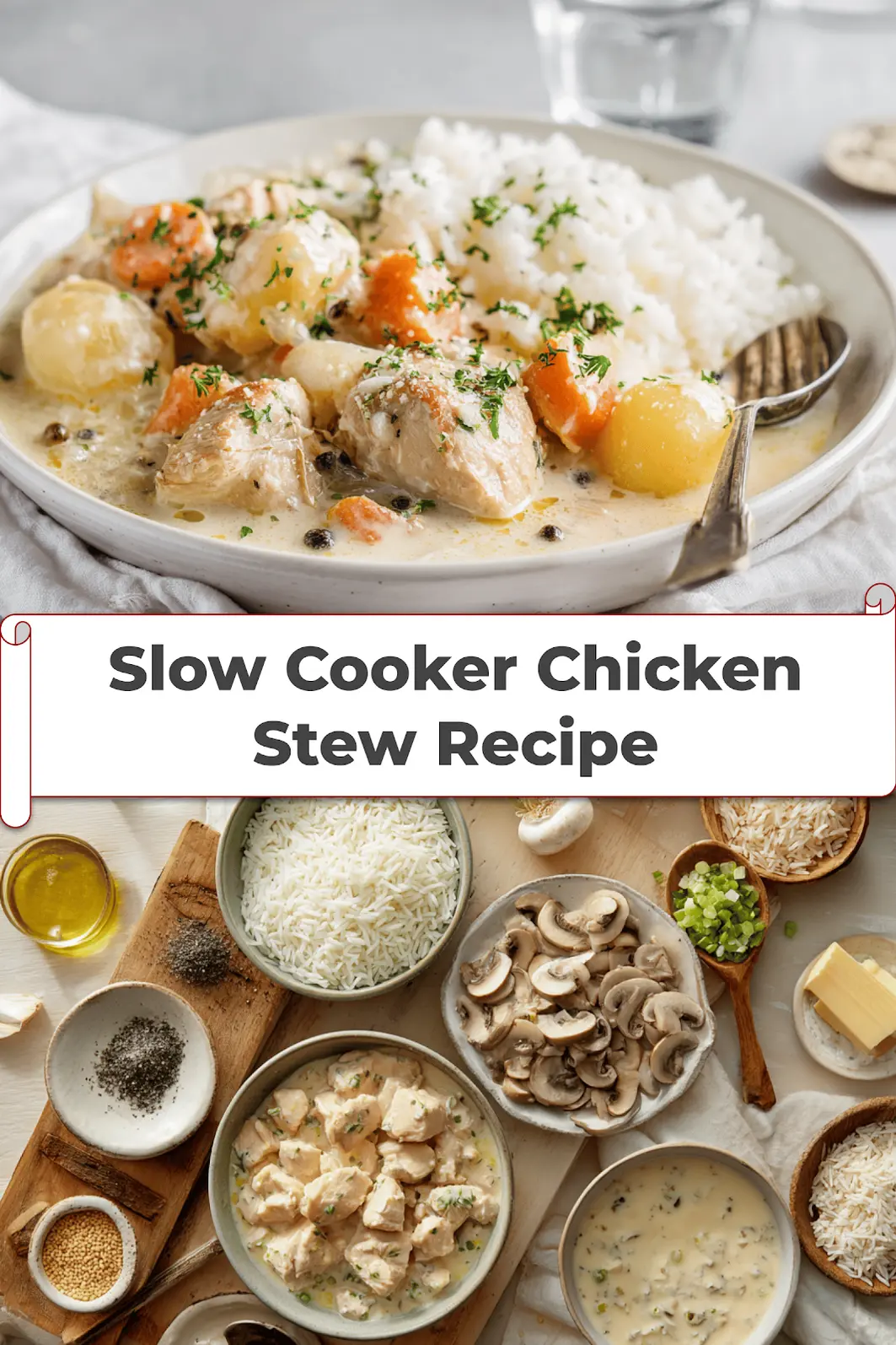 Slow Cooker Chicken Stew Recipe: Comfort Food Delight 5 Slow Cooker Chicken Stew Recipe warm bowl on white cloth napkin with glass of water_pin