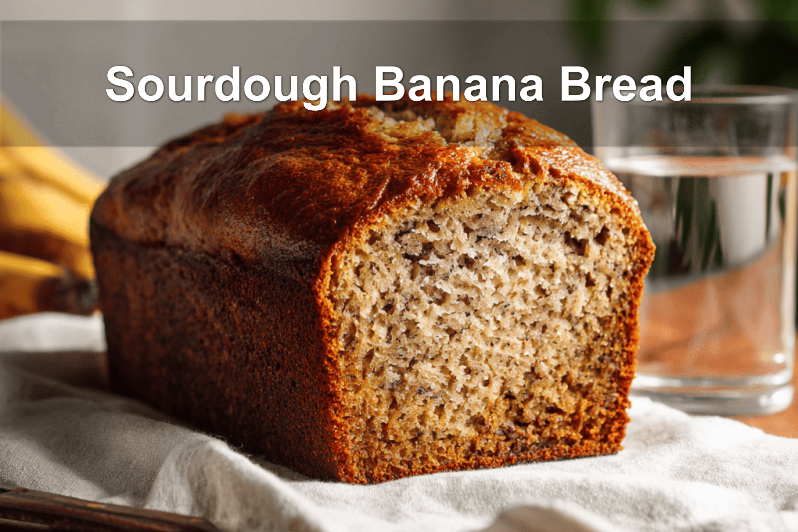 Golden sourdough banana bread sliced, on white napkin with a glass of water nearby.