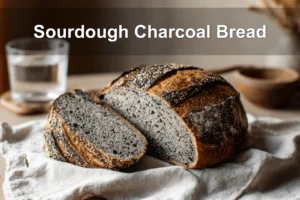 Sourdough Charcoal Bread on white napkin with glass of water in warm natural lighting