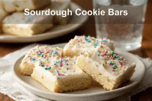 Sourdough Sugar Cookie Bars laid on a plate with soft lighting and minimal, clean styling