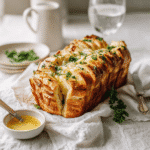 Finished sourdough garlic pull-apart bread on a white napkin, styled with melted butter and water glass.