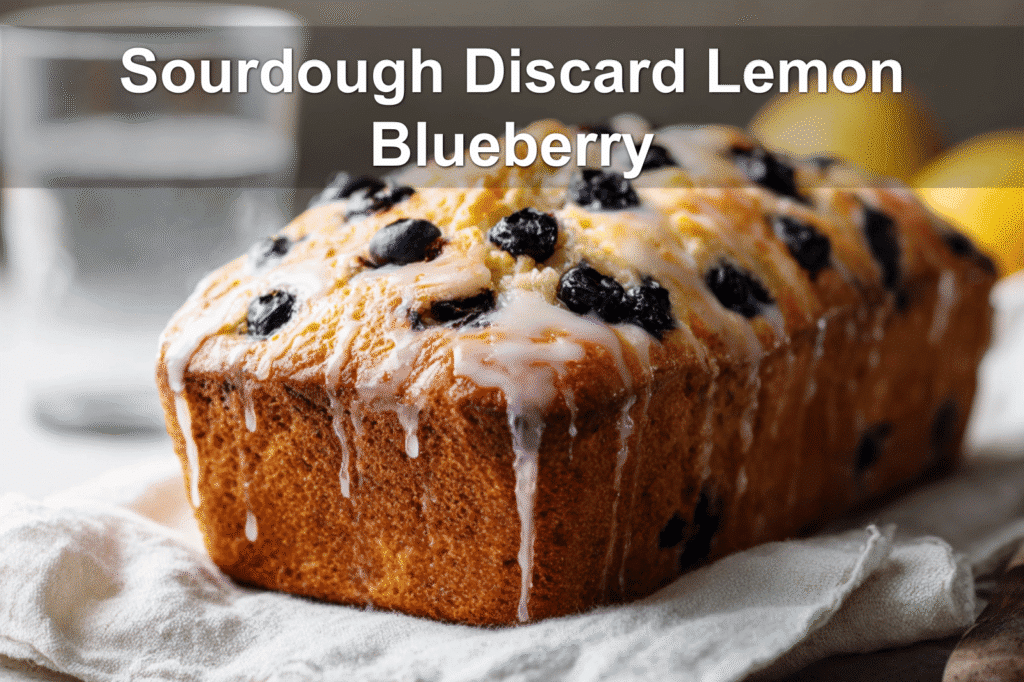 Sourdough Discard Lemon Blueberry Quick Bread beautifully presented with glass of water and warm tones