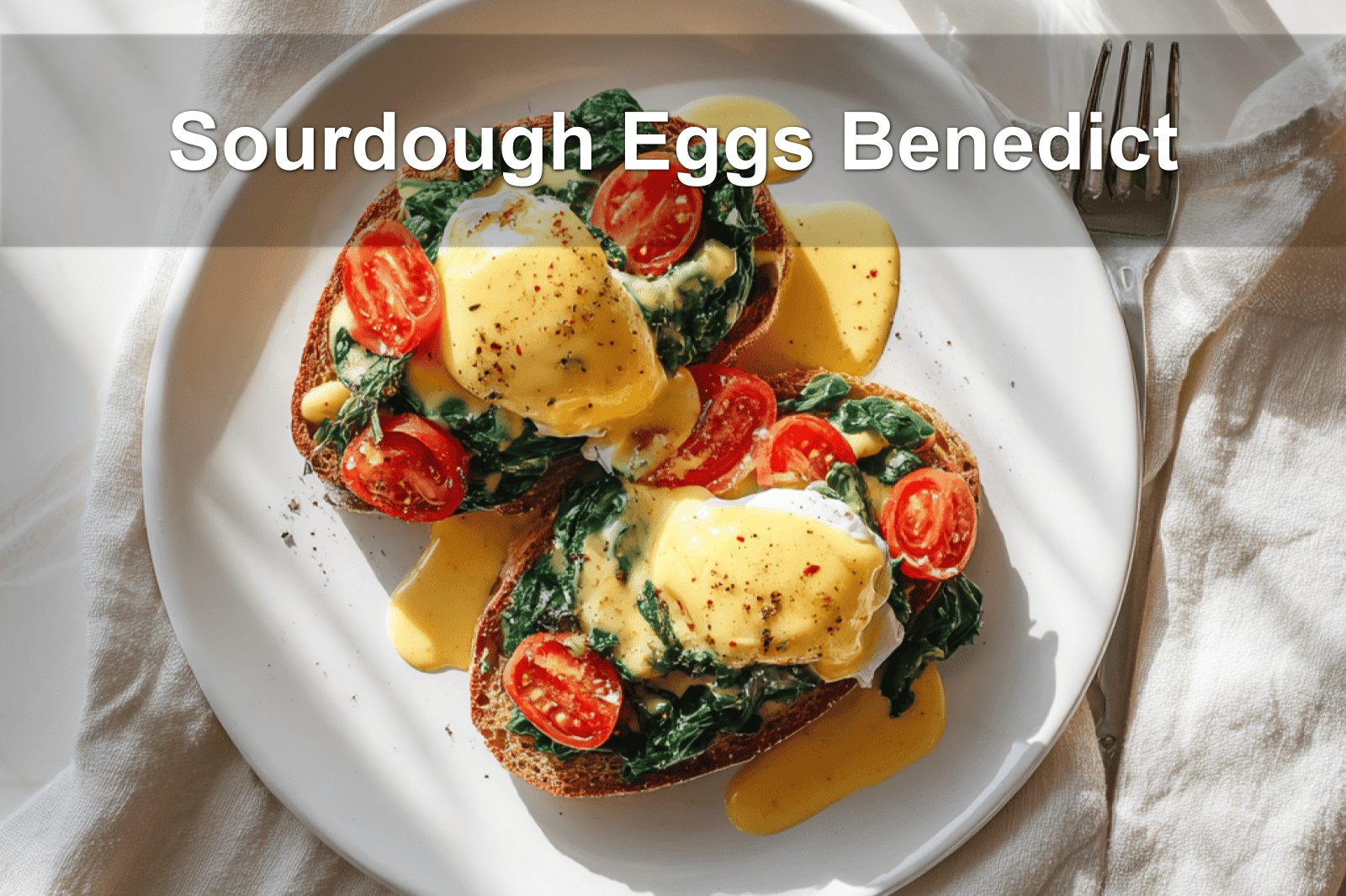 Sourdough Eggs Benedict Spinach Florentine on plate with hollandaise and tomato slices