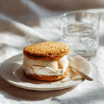 Sourdough Ice Cream Sandwiches: A Sweet & Tangy Treat 4 Plated sourdough ice cream sandwich on white linen with a water glass beside it.