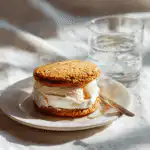 Plated sourdough ice cream sandwich on white linen with a water glass beside it.