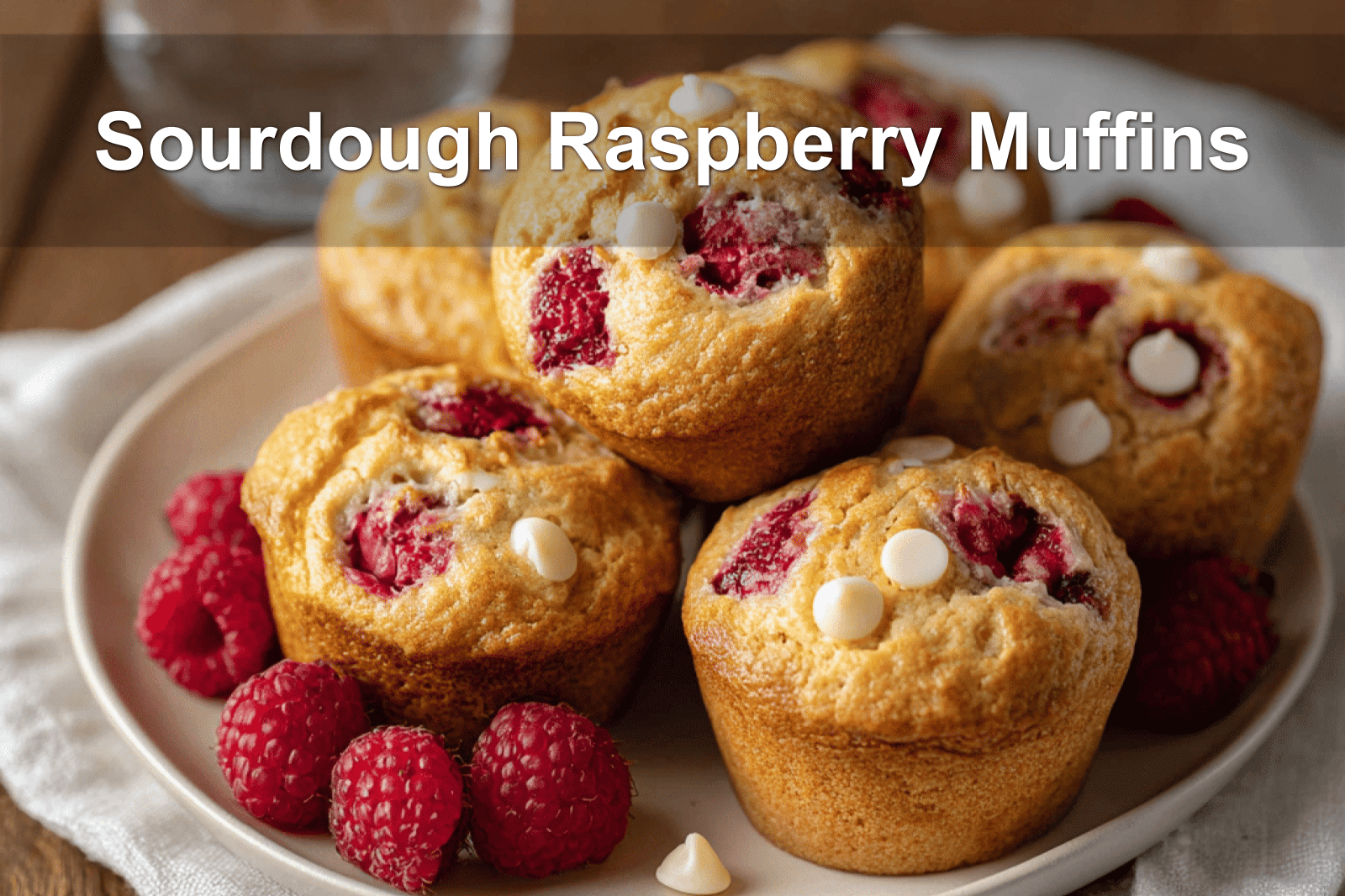 Sourdough Raspberry Muffins served with clear water and warm natural light for fresh gourmet appeal.