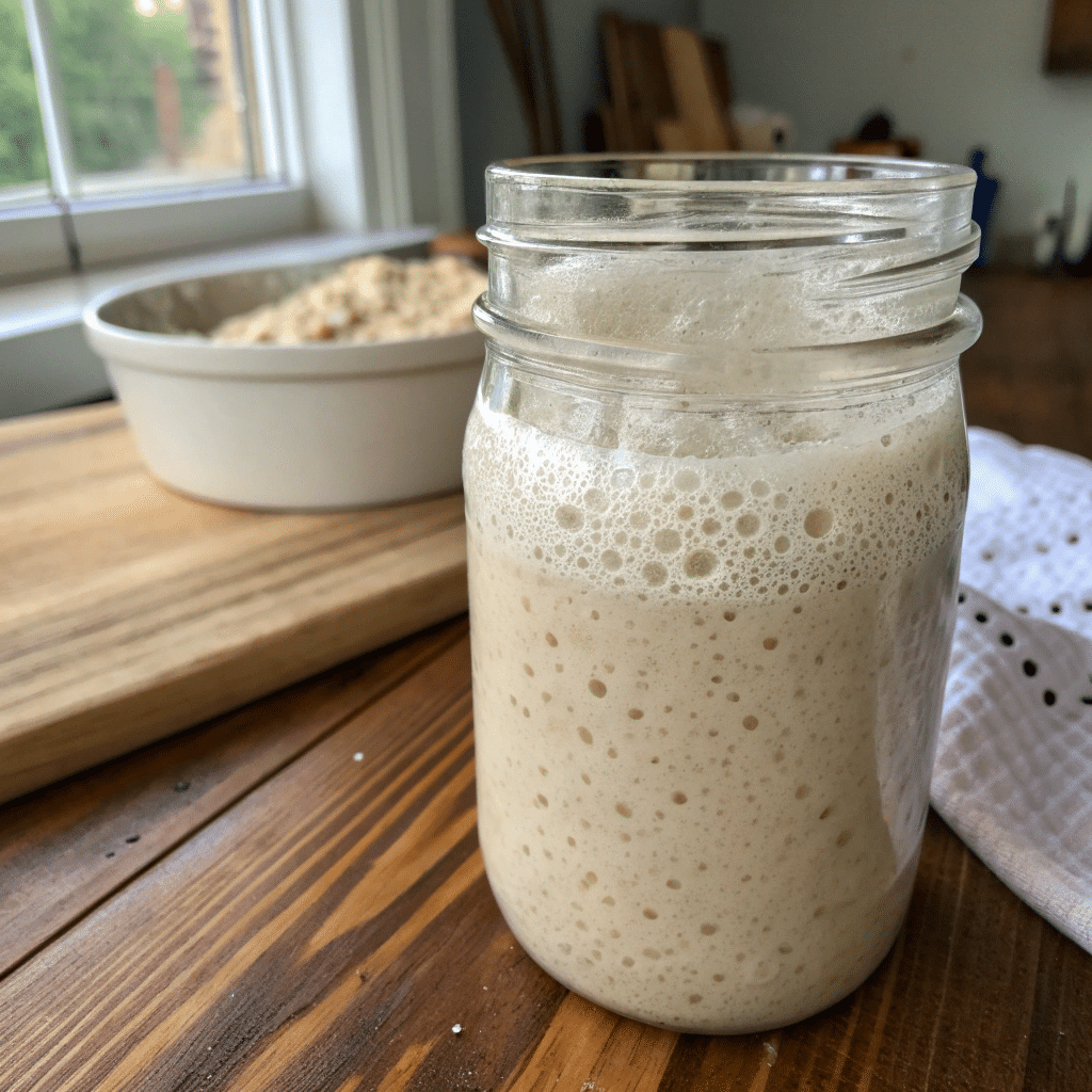 7 Essential Steps to Mastering Your Sourdough Starter: From Feeding to Troubleshooting 1 Glass jar of bubbly sourdough starter doubled in size on rustic kitchen table