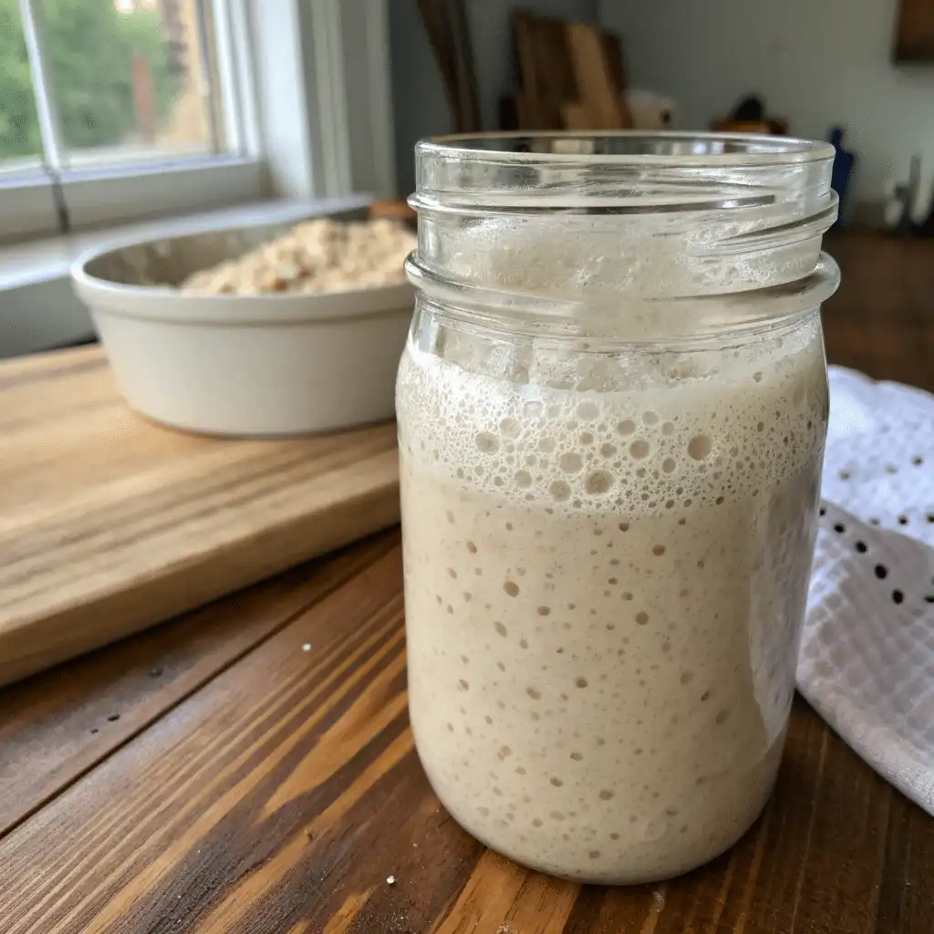 7 Essential Steps to Mastering Your Sourdough Starter: From Feeding to Troubleshooting 2 Glass jar of bubbly sourdough starter doubled in size on rustic kitchen table