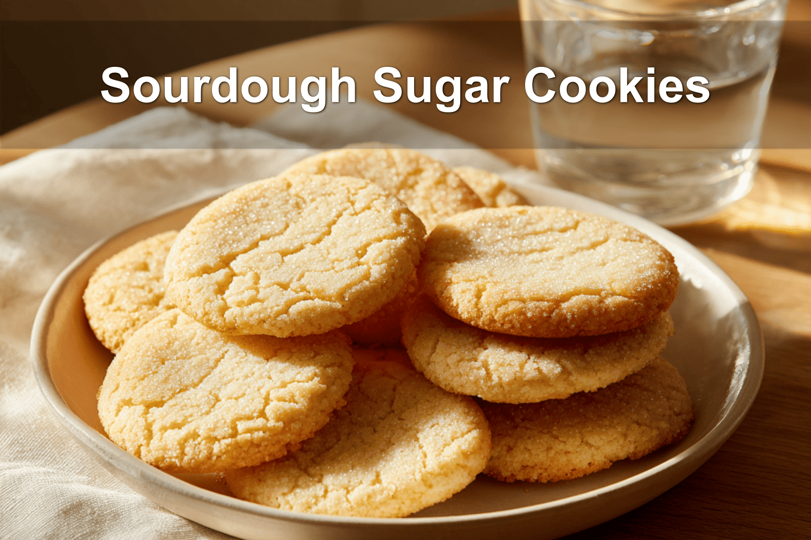 Golden sourdough sugar cookies stacked neatly on a plate, natural lighting accentuating their texture.