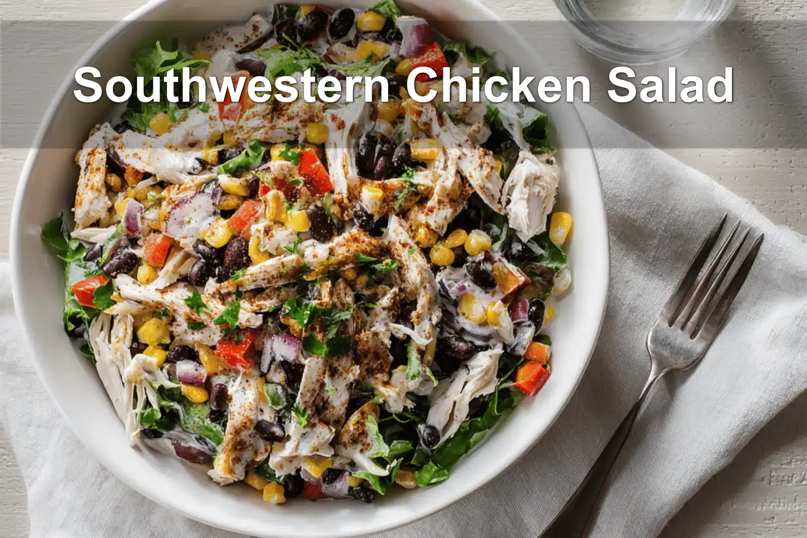 Southwestern Chicken Salad with vibrant ingredients and creamy Greek yogurt dressing displayed with warm tones.
