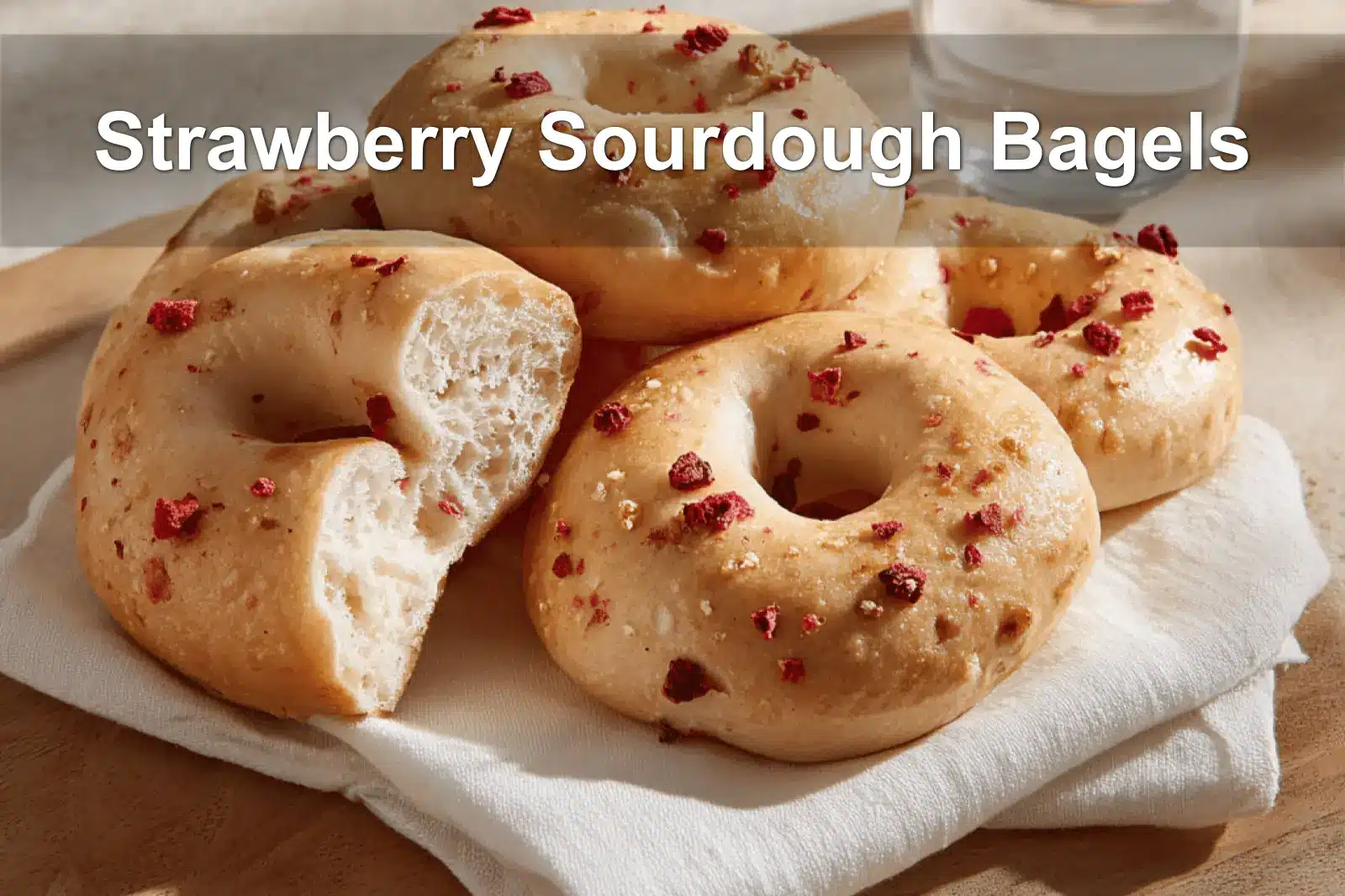 Strawberry Sourdough Bagels on white napkin with water glass beside them
