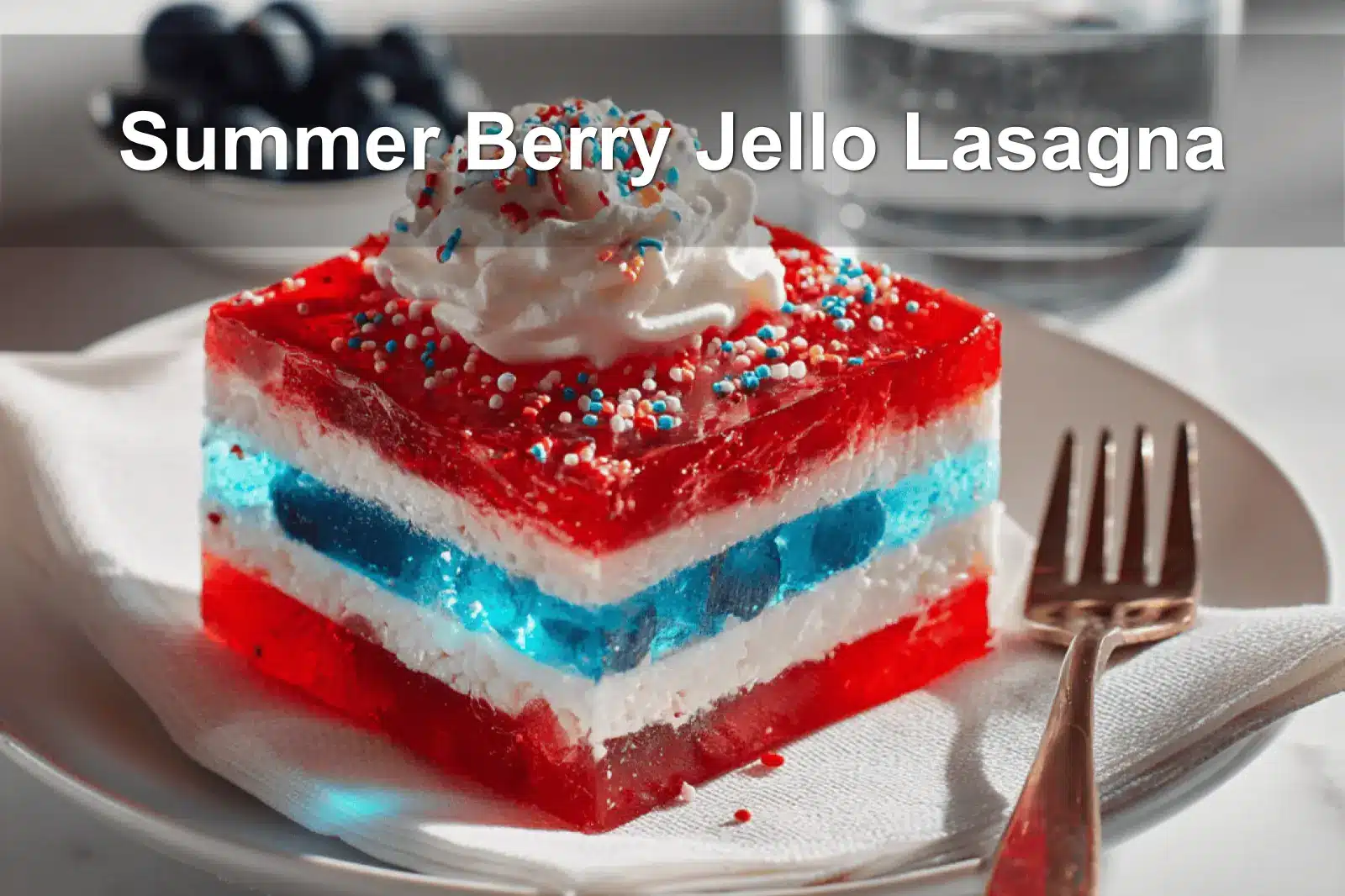 Summer Berry Jello Lasagna dessert with colorful layers on a white napkin and glass of water.