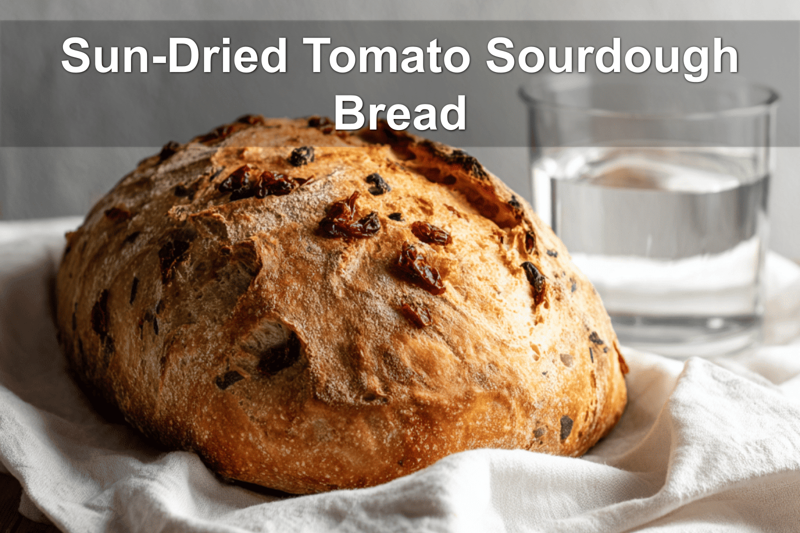 Sun-Dried Tomato Sourdough Bread on white napkin with water glass beside it.