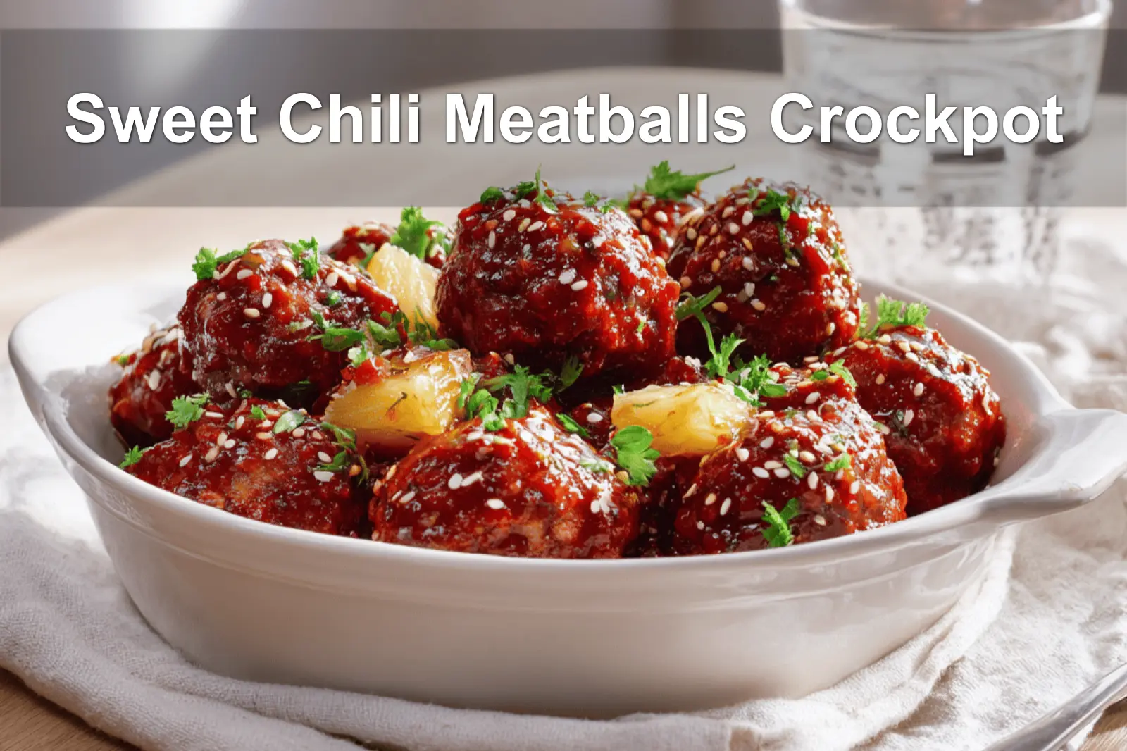 Sweet Chili Meatballs Crockpot in white dish with herbs, pineapple, and a glass of water
