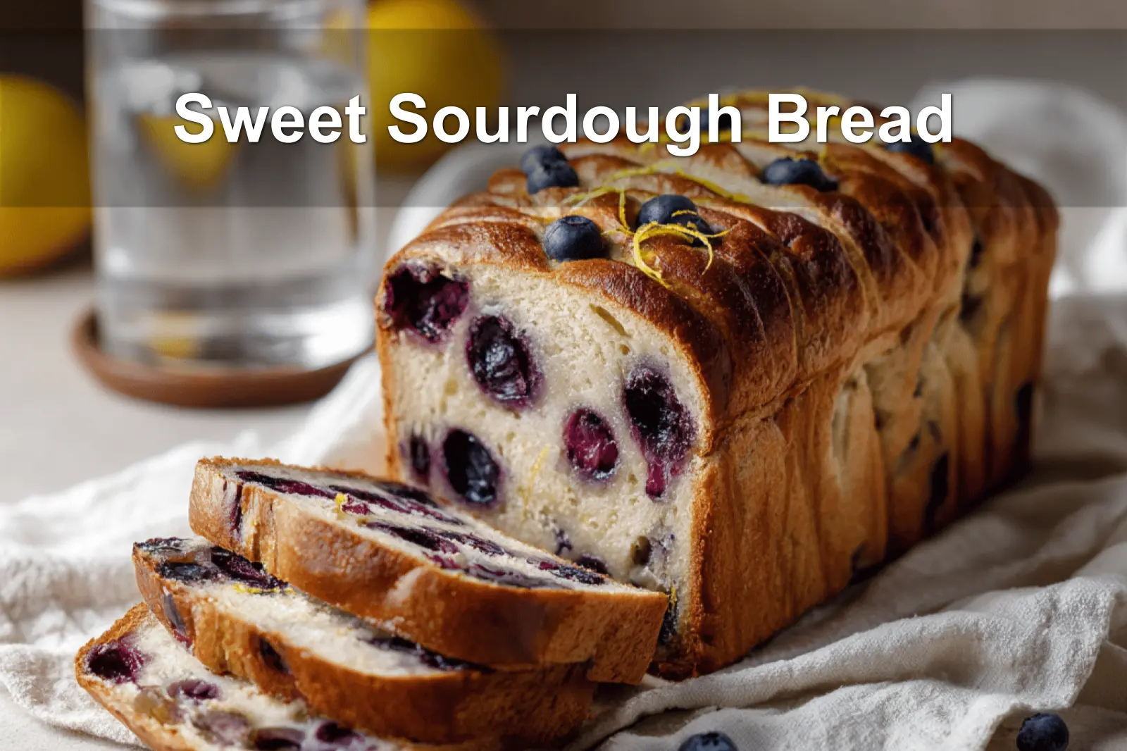 Sweet Sourdough Bread with golden crust, blueberries, and cheese on a white cloth napkin.