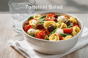Vibrant tortellini pasta salad with fresh ingredients served in a white bowl, glass of water on the side.