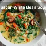 Tuscan White Bean Soup in a white bowl under warm natural light.