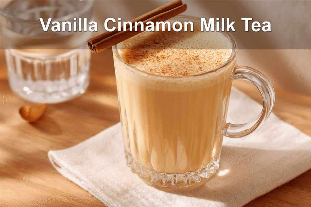Vanilla Cinnamon Milk Tea served in a glass mug on a white napkin under natural light.