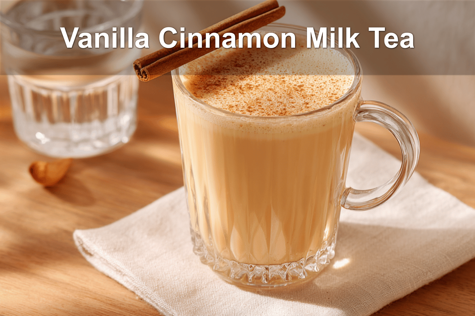 Vanilla Cinnamon Milk Tea served in a glass mug on a white napkin under natural light.